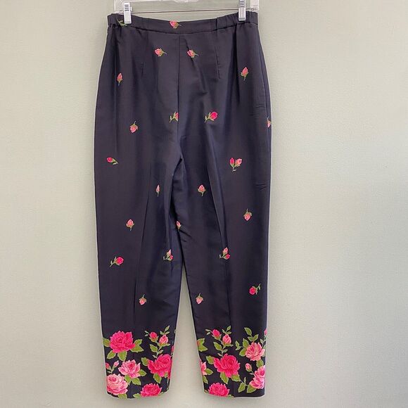 Talbots Silk Ankle Pants Floral Roses Lined Black Womens 8 Bloomcore - Picture 2 of 10